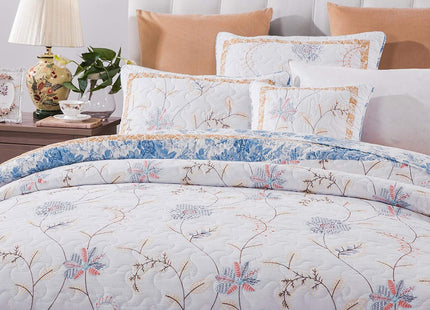 Tache Twin White Quilt Cotton Patchwork Cottage Coastal Beach Embroidered Floral - White Gold Yellow Sky Blue Reversible Lightweight Coverlet Winter Frost Quilt Set - Twin