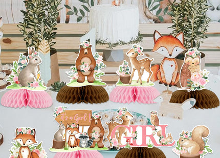 8 Pieces Woodland Animals Baby Shower Honeycomb Centerpieces for Girls, Pink Floral Woodland Table Decorations, Forest Animal Theme Party Supplies