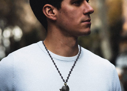 VIKCAUX Obsidian Fox Necklace Natural Fox Talisman Pendant with Extended Bead Chain Lucky Fox Necklace Jewelry Gift for Women Men