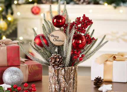 13.8" Small Christmas Tree Tabletop Christmas Centerpieces with Xmas Ornaments Pinecone Berry for Table Desk Christmas Decorations Winter Holiday Decor Indoor