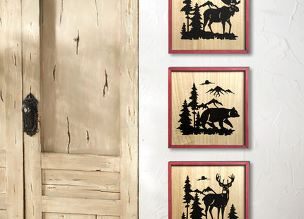 WAIU Set of 3 Wood Wall Art, Rustic Woodland Bear Deer Moose Decor for Log Cabin Mountain Lodge Hunting Home