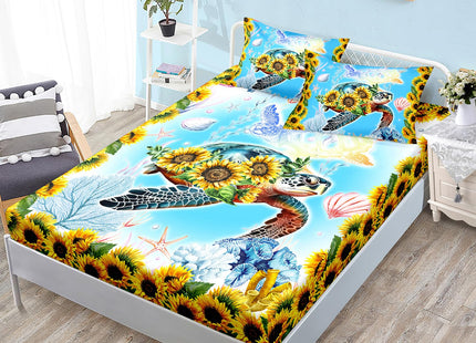 HOSIMA Sunflower Print Sea Turtle Fitted Sheet Set,Coastal Beach Sea Animal Theme Full Size Bedding Sets for Girls Teens Women Bedroom Decor,1 Fitted Sheet+2 Pillowcases.