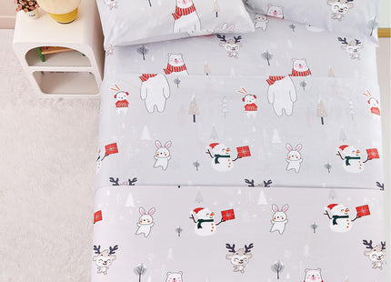 Yibeizi Kids Bear Snowmen Reindeer Bunny Printed Sheet Set Twin Size for Boys Girls, Cute Christmas Winter Microfiber Bedsheets Deep Pocket Bed Sheet & Pillowcase Sets 3 Pieces