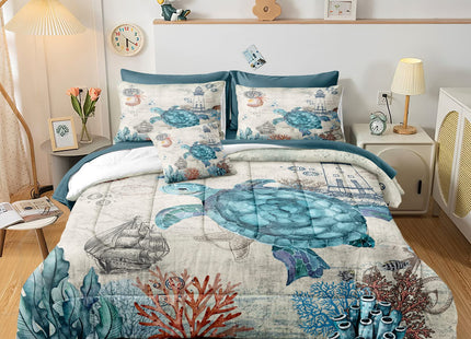 Bedding_Dreamer Turtle Comforter Set Ocean Turtle Bed in a Bag 8 Pieces Coastal Beach Themed Bedding with 1 Comforter, 1 Flat Sheet, 1 Fitted Sheet, 4 Pillowcases, 1 Cushion Cover (King, Turtle)