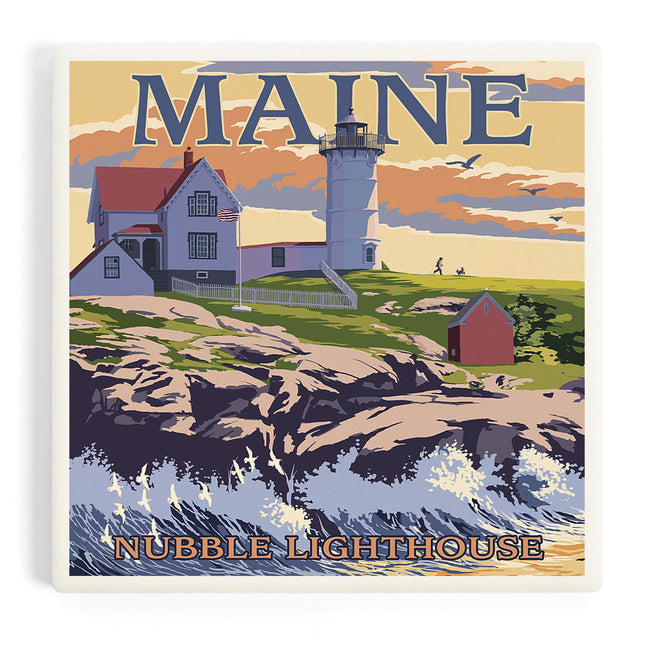 Lantern Press York, Maine, Nubble Lighthouse (Absorbent Ceramic Coaster, Single, Cork Back, Kitchen Table Decor)