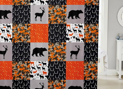 Camo Deer Antler Shower Curtains Home Decor,Deer Bear Wildlife Arrow Hunting Bath Curtain,Orange Camouflage Plaid Grid Print Cloth Waterproof Fabric Bath Room Decor Set with Hooks, 72Wx72L inch