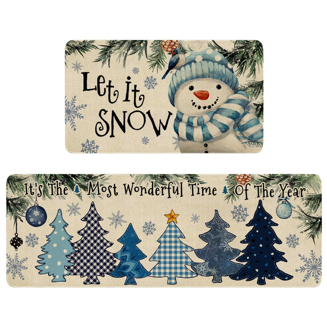 Fuoxowk Merry Christmas Kitchen Rugs and Mats Set of 2,Santa Moose Xmas Pine Trees Deer Reindeer Snowflakes Winter Holiday Sink Mat Non Skid Washable for Home Farmhouse Floor Decor 17"x47"+17"x30"
