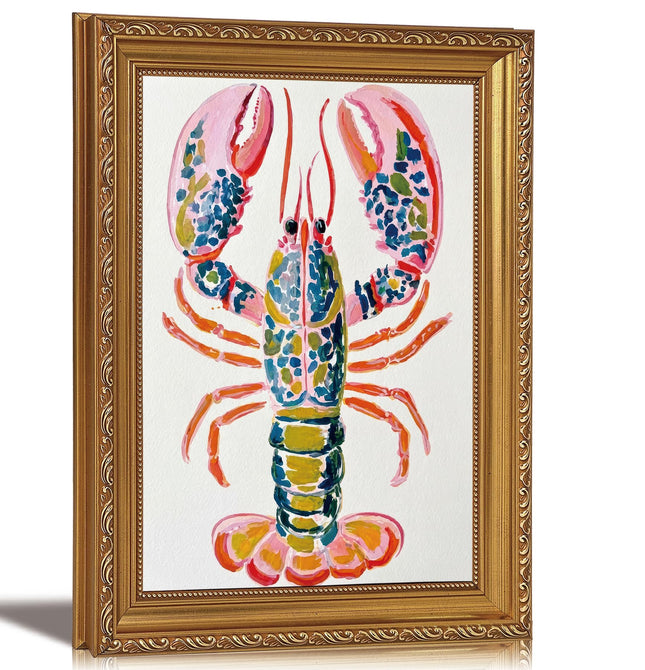 Gold Framed Coastal Colorful Lobster Canvas Wall Art 9X11in
