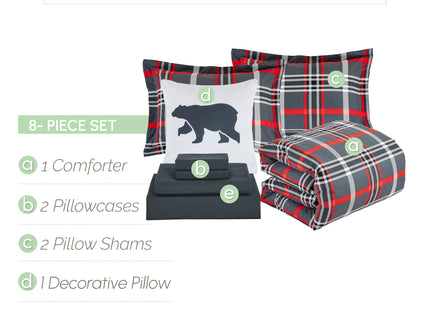 Elegant Comfort 8- Piece Lodge Plaid Reversible Comforter Set Bed-in-a-Bag Set - Silky Soft Complete Set Includes Bed Sheet Set with Double Sided Storage Pockets, Full/Queen, Gray