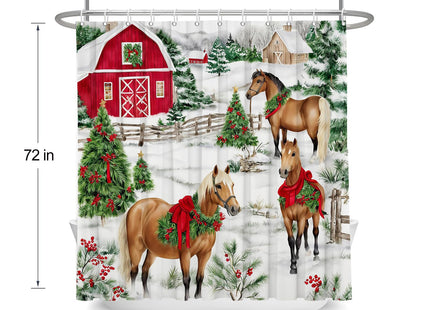 Christmas Horse Shower Curtain Winter Barn Xmas Tree Fence Pine 72x72 IN