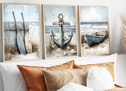 3Pcs Nautical Beach Wall Art Sailboat Paddle And Anchor Paintings Pictures Wall Decor Nautical Posters Prints Artwork Suitable for Living Room Bedroom Home Office Corridor Home Decroation