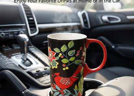 TZSSP 17oz Ceramic Travel Mug with Lid, Cardinal Holly Folk Art Coffee Mug