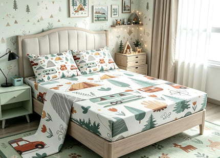 Kids Camper Car Bed Sheets Set King 4Pcs, Happy Camping Sheet Set, Travel Car Rv Accessories Sheets, Woodland Flowers Blossom Mountain Adventure Bed Set, Cute Camper Flat Fitted Sheet Bedroom Decor