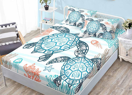 HOSIMA Beachy Sea Turtle Bedding Set Queen,1 Fitted Sheet+2 Pillowcases.