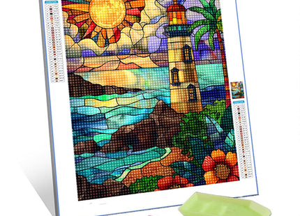 TUMOVO Lighthouse Diamond Painting DIY 5D, Numbering Kit,Seascape at Sunset Crystal Rhinestone Diamond Painting Tropical Coconut Trees Pictures/Artwork Home Decor Adults Nordics Gift(12''Wx 16''H)