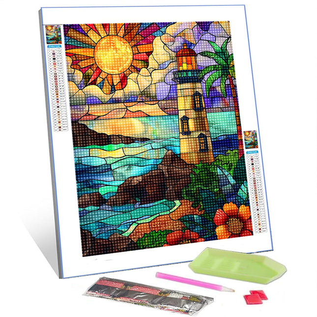 TUMOVO Lighthouse Diamond Painting DIY 5D, Numbering Kit,Seascape at Sunset Crystal Rhinestone Diamond Painting Tropical Coconut Trees Pictures/Artwork Home Decor Adults Nordics Gift(12''Wx 16''H)