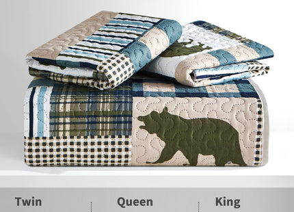 UMCHORD Queen Quilt Bedding Set, Cabin Bear Quilt, Queen Size, Green