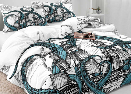LUVIVIHOME 3PCS Octopus Duvet Cover Queen Bedding Sets, White Duvet Cover, Teal Kraken Tentacles Sailboat Anchor Rudder Coastal Ocean Marine Sea Animal Nautical Comforter Quilt Cover, 2 Pillow Cases