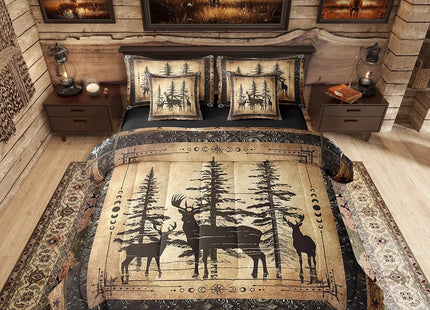 Erosebridal Rustic Deer Comforter Set 7 Piece Farmhouse Cabin Bed in A Bag Twin Western Woodland Wildlife Bedding Comforter Sets for Kids Boys Adults Men Black Retro Country Animal Bed Set