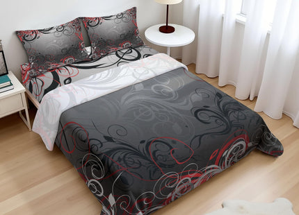 Lunarable Abstract Sheet Set, Mystic Forest Floral Swirls Leaves Nature Fading Ombre Effect, Fitted and Flat Sheet with Pillowcases Bedding Accent 4 Piece Set, King, Charcoal Grey Ruby