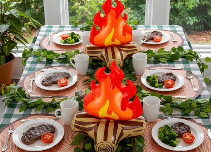 Halloscume Camping Birthday Party Decorations 2 Pcs 12 Inch Inflatable Fake Campfire Props 16 Wooden Slice Paper Placemats 1 Checkered Tablecloths for Campfire Birthday Party Supplies(Green Plaid)