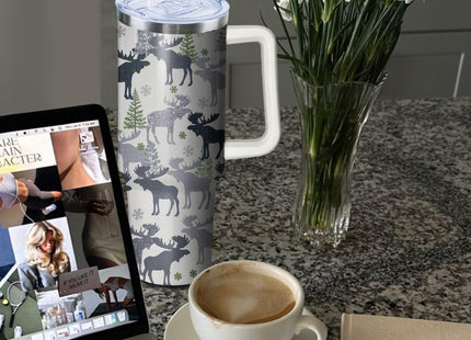 40oz Moose Stainless Steel Tumbler with Handle and Straw, Insulated Cup Travel Coffee Mug Water Bottle with Lid and Straw, Animal Lovers Women Gifts