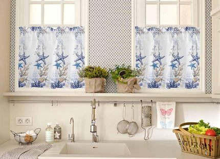 Ocean Beach Starfish Kitchen Curtain 24 Inch Length Small Short Cafe Tiers Drape, Blue Coastal Coral Shell Nautical Boat Window Treatment Rod Pocket Bathroom Bedroom Drapery Panels Curtains, 55x24