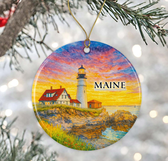 Maine USA Watercolor Ornament - Ceramic Christmas Keepsake - Honeymoon Anniversary - Travel Souvenir - Housewarming Present - Gift for Maine Lover Printed on Both Sides