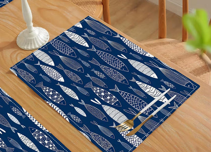 Japanese Fish Placemats Set of 4, Blue Fishing Country Double-Sided Table Mats for Kitchen Dining Room Home Party Indoor Decor 4 PCS 12x18 Inch