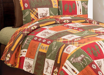 C&F Home Keaton Forest Lodge Cabin Woods Bear Elk Moose King 3 Piece Quilt Set 100% Cotton Lightweight Machine Washable Reversible Bedspread Coverlet King 3 Piece Set Green