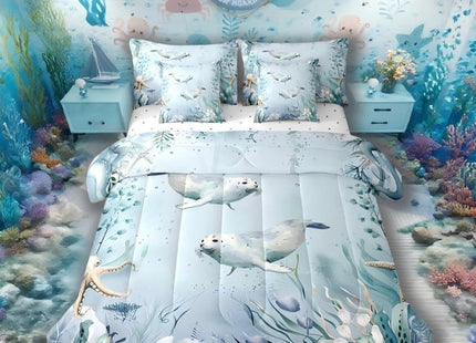 Ursine Seal 7 Piece Comforter Set Full Bed in a Bag,Teal Blue Ocean Beach Coastal Bedding Set Starfish Octopus Tentacles Sheet Sets with Comforter Creature Coral Bed Set,Kawaii Fish Room Decor