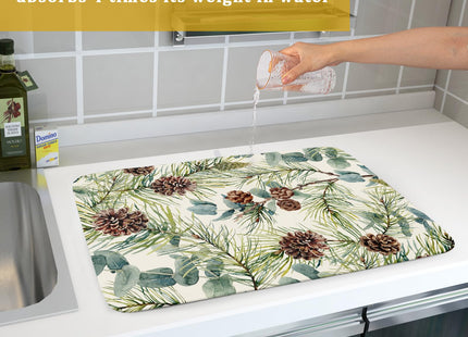 Winter Christmas Dish Drying Mat for Kitchen Counter 18x24 Evergreen Leaves Pinecone Holiday Theme Absorbent Reversible Microfiber Drying Mats Kitchen Countertop Protector Dishes Drainer Pad