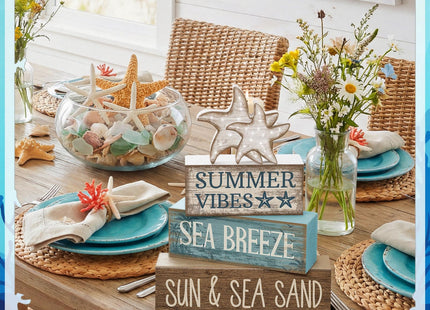 Yuntau 4 Pcs Summer Beach Decorations for Home Beach Tiered Tray Decor Starfish Coastal Rustic Starfish Wooden Block Table Sign Stacked Book Nautical Table Centerpiece for Farmhouse Office Desk Shelf
