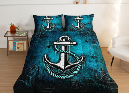 HOSIMA Nautical Comforter Set Twin,Blue Ocean Themed Bedding Sets Twin,Spider Web and Anchor Print Kids Bedding Set for Boys Adult Kids Girls,Blue Comforter Twin Size with 2 Pillow Shams.