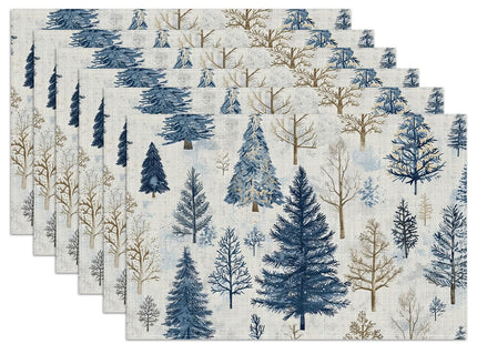 Vintage Winter Pine Tree Placemats Set of 6, Washable Linen Place Mat Heat Resistant Non Slip Kitchen Dining Table Mats 12x18 Inch