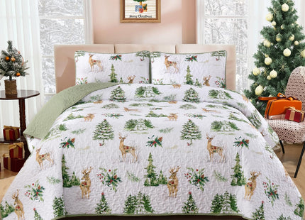 Christmas Quilt Set Queen Size Green Xmas Reindeer Pine Tree Bedding Set