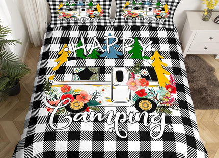 Erosebridal Camper Bedding Set Old Barn Door Duvet Cover Flowers Cabin Plaid Comforter Cover Rustic Farmhouse Style Bed Set Geometric Lattice Camping Decor,Black and White Twin Size