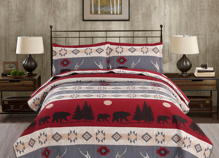 Ycosy Lodge Bear Quilt Set Full/Queen Size Cabin Rustic Bedspread Coverlets Reversible Quilts Lightweight Lodge Bedding Set Bear Sunset Printed Bed Covers,1 Quilt + 2 Pillow Shams