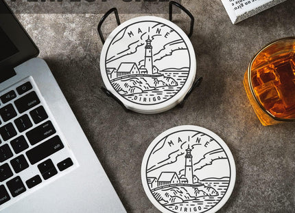 Onebttl Maine Gifts for Women Men - Homesick Moving Away Coasters Set of 6 - Lighthouse Ceramic Drink Coaster with Holder