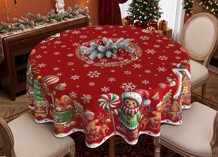 ZORKET Red Round Christmas Gingerbread Tablecloth 70 Inch, Waterproof Machine Washable Fabric Polyester Christmas Table Cloths Round Gingerbread Xmas Holiday Tablecloths for Kitchen Dining Party