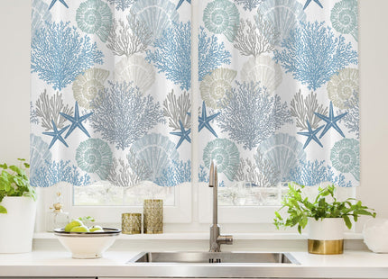Coastal Starfish Coral Kitchen Curtains Sets for Windows Over Sink Nautical Beach Seashell Short Curtain for Small Bathroom Window Spring Summer Half Treatment Tier Drapes for Bedroom 26x24 Inch