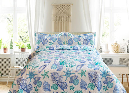 Junsey 3 Piece Quilts Twin Size Ocean Theme,Lightweight Coastal Beach Theme Bedding Seashell Conch Starfish Bedspread Ocean Creature Coverlet with 2 Pillowshams