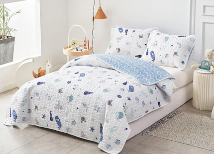 Joyreap 2-Piece Cotton Quilt Set Twin, Vibrant Ocean Theme Starfish Whale Crab Printed on White, Smooth Soft Quilt Bedspread Bed Cover for All Season, 1 Quilt and 1 Pillow Sham- 68x86 inches