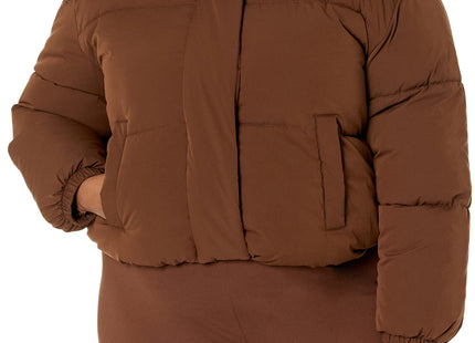 Amazon Essentials Women's Relaxed Fit Cropped Full-Zip Puffer Jacket with Snap Closure, Quilted Matte or Sherpa Fleece, Deep Brown, Medium