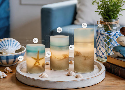 Velsyn Beach Flameless LED Candles with Remote and Timer, Seashell & Starfish Pillar Unscented Real Wax, Ocean Decor for Home Bedroom Wedding Coastal Room, 3" x 4",5",6", Set of 3(Beach)