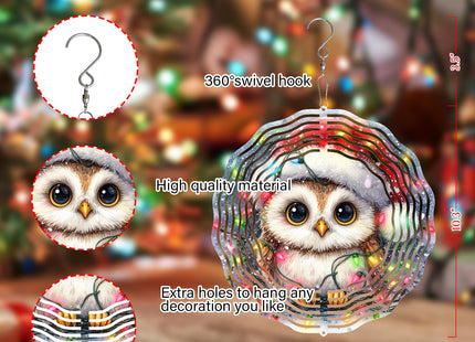 Christmas Owl Wind Spinner,3D Owl Spinner for Yard and Garden 3D Steel Wind Spinners Outdoor Hanging Decorations10 inch 3D Xmas Cute Owl Swirl