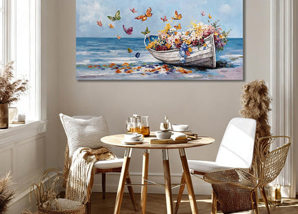 GAIDUOMAI Coastal Wall Art Butterfly and Flowers Pictures Wall Decor Wooden Boat Beach Wall Painting for Office Landscape Art for Dining Room Bedroom 24x48 Inch