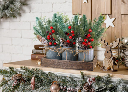 Winlyn Christmas Farmhouse Centerpiece Rustic Wood Tray 3 Galvanized Pots with Artificial Pine Cedar Red Berry Snowy Pinecone Christmas Arrangement Table Decoration for Holiday Home Kitchen Mantel
