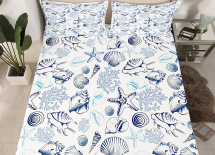Homewish Coastal Sheet Set Twin Size,Beach Seashell Starfish Coral Bedding Set 3Pcs,Sea Ocean Theme Bed Sheet for Kids Teens Adult Bedroom Decor,Navy Sketch Nautical Fitted + Flat Sheet,1 Pillowcase