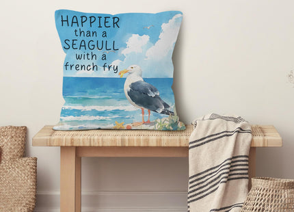 VRW Coastal Beach Seagull Throw Pillow Covers 18x18, Funny Happier Than a Seagull with a French Fry Decorative Pillow Covers for Home Bedroom, Ocean Beachy Room Decor Accent Pillows Cover Pillowcases